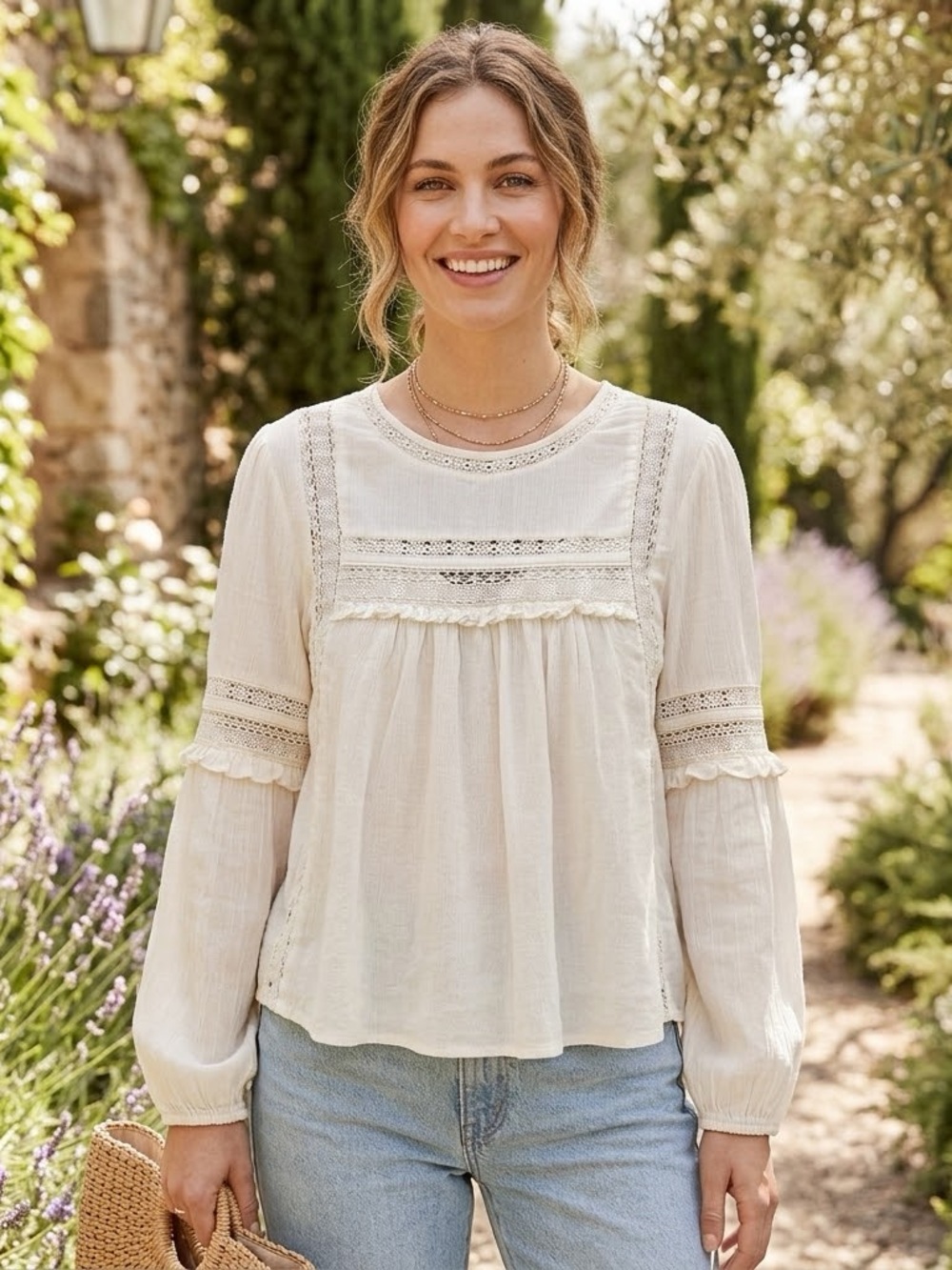 American Eagle Outfitters Cream Lace-Trim Boho Blouse Size M